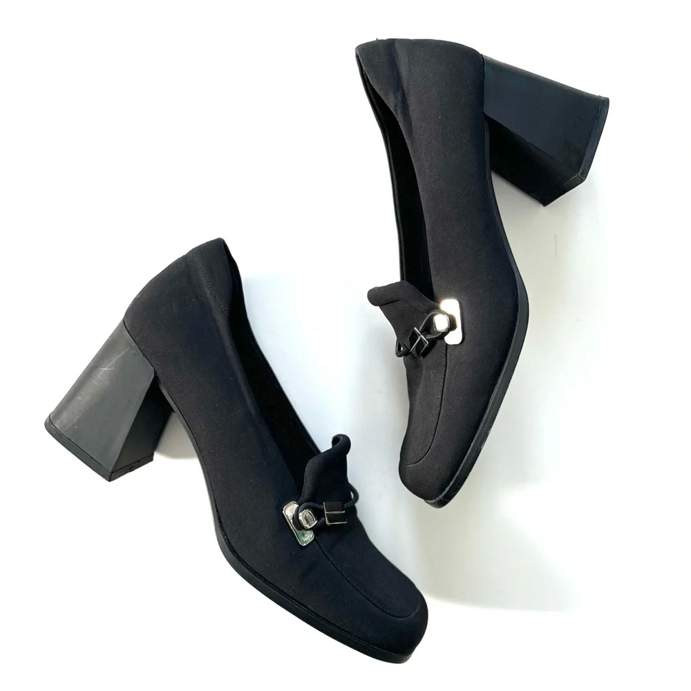 Vintage Retro Vero Studio Black Fabric Chunky Block Heel Square Toe Pumps